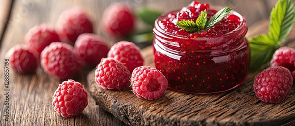 Fototapeta Vibrant Raspberry Jam Nestled Among Fresh Raspberries on a Rustic Wooden Surface