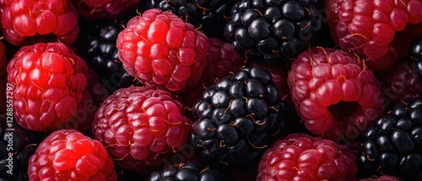 Fototapeta Colorful Raspberries and Blackberries Create a Vibrant Fruit Display Perfect for Summer banner