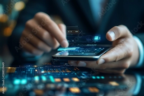 Fototapeta Person using a smartphone with futuristic holographic interface