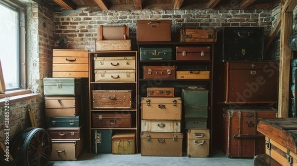 Fototapeta Vintage Storage Trunks and Drawers in Rustic Warehouse Setting