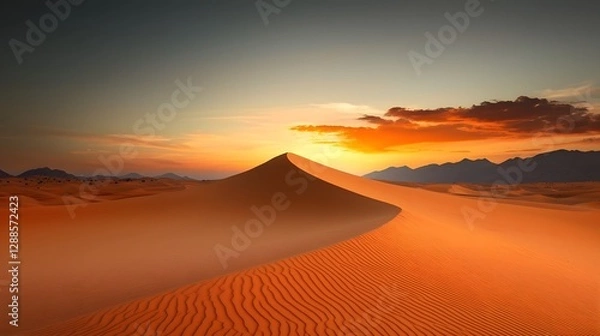 Fototapeta Dramatic sweeping desert dunes framing a breathtaking golden sunset horizon against a serene empty sky  This captivating landscape evokes a sense of solitude adventure and the raw power of nature
