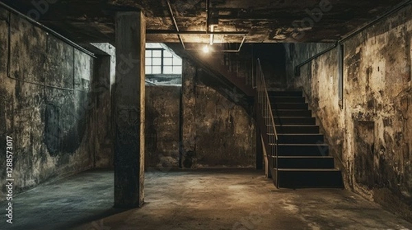 Fototapeta Dark Grungy Basement with Stairs and Dim Lighting in Urban Setting