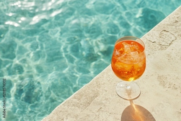 Fototapeta Aperol spritz cocktail in a glass on the edge of a swimming pool, with sunlight and shadow, close-up, top view, minimalistic, pastel colors