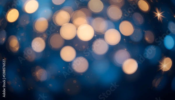 Fototapeta Abstract blurred bokeh lights on dark blue background - festive Christmas and new year holiday template with glittering defocused stars and sparkling effects