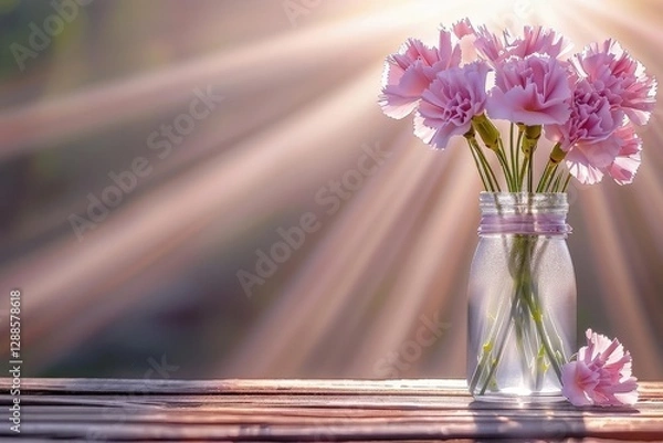 Fototapeta A beautiful bouquet of pink carnations in a glass jar, illuminated by soft sunlight, creating a serene and inviting atmosphere.