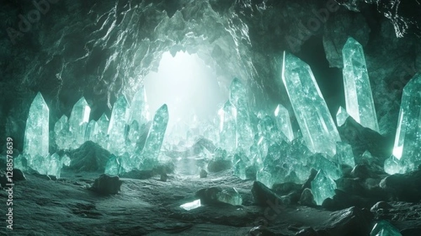 Fototapeta Crystals Glowing in Dark Cave Light Fantasy Mineral Scene