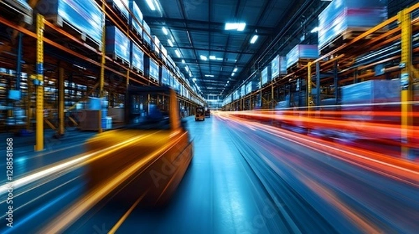 Fototapeta Motion Blur in Modern Warehouse with Forklift and Pallet Racks