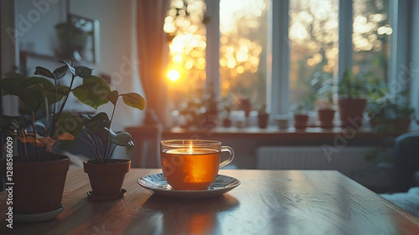 Fototapeta Cup of tea on a table with a plant in the background in a clutter-free home setting