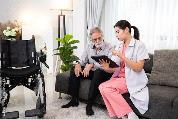 Obraz Young professional confident skilled woman doctor visiting Caucasian senior patient man at home for treatment control care giving. Nurse talking to senior patient and using tablet. Healthcare concept