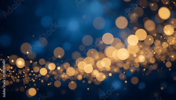 Fototapeta Elegant abstract background with dark blue and gold particles, Christmas golden light bokeh on navy blue, gold foil texture for holiday themes