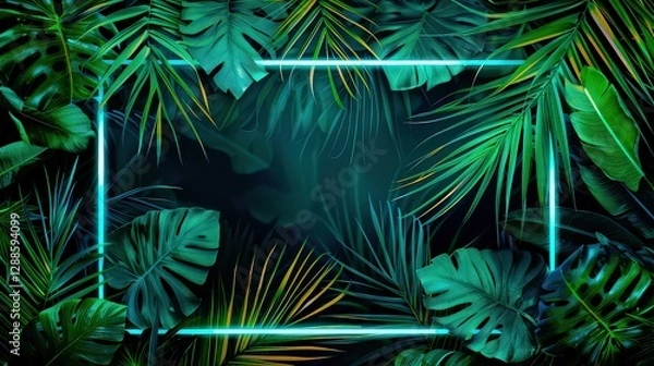Fototapeta Tropical elegant frame arranged from exotic emerald leaves.