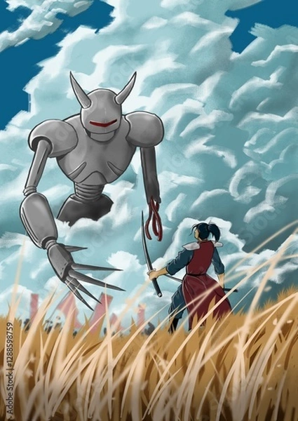 Obraz Samurai vs. Giant Mecha - A futuristic battle in a golden field.