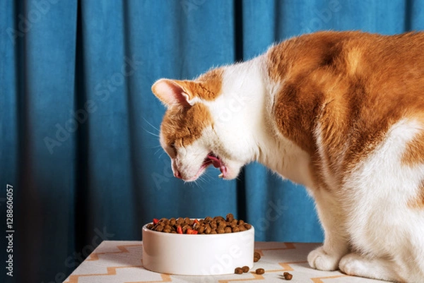 Fototapeta Funny white and orange cat eats dry cat food on a blue background