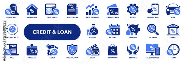 Fototapeta Set of vector solid icons related to loan, bank credit rate, finance and investment. Symbols for website or app ui, logo design, illustration