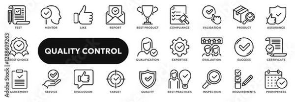 Fototapeta Set of vector line icons related to product quality control, inspection and evaluation, production quality assurance. Symbols for website or app ui, logo design, illustration