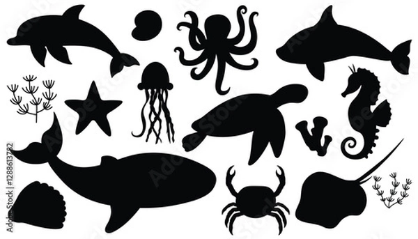 Fototapeta Cartoon black silhouettes of sea animals. Ocean fauna collection isolated on white background. Whale and turtle, seahorse and shells, octopuse and crab.