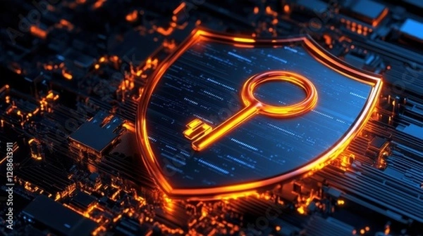 Fototapeta Cybersecurity shield with glowing key symbol.