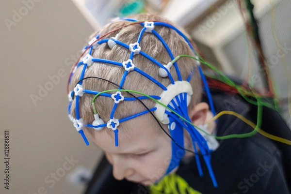 Fototapeta A boy's brain is examined on an EEG machine. Electroencephalogram is performed in a hospital laboratory to detect neurological diseases. Encephalogram for children
