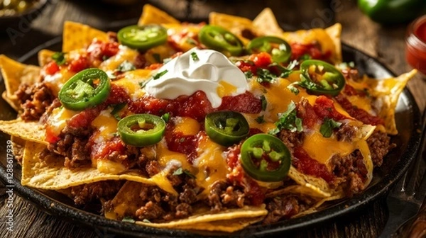 Fototapeta Mouthwatering Nachos with Cheese, Jalapenos, and Sour Cream Topping