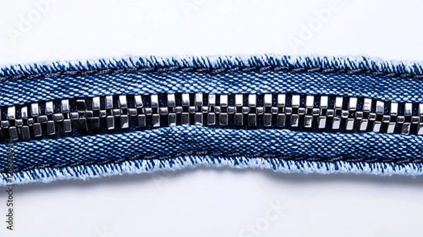 Obraz Close Up Of A Denim Zipper With Blue Fabric And Silver Metal On White Background