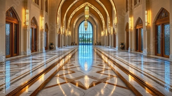 Fototapeta Grand Mosque Hallway, Marble Floor, Light, Reflection, Doors, Architecture, Interior, Luxury, Design, Middle East