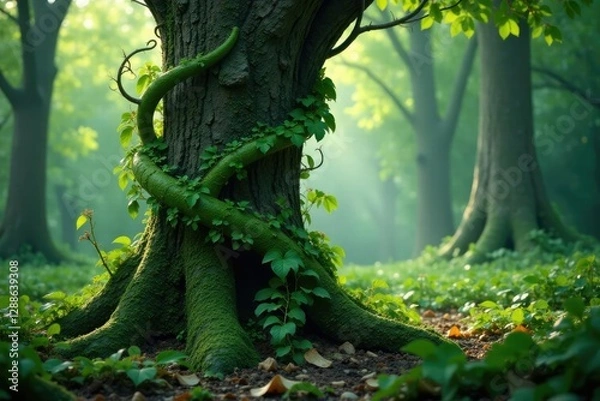 Fototapeta Giant plant tendrils curling around a tree's bark, foliage, vines, forest