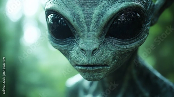 Fototapeta Close-up of green extraterrestrial being with large black eyes in forest setting. Science fiction character concept.
