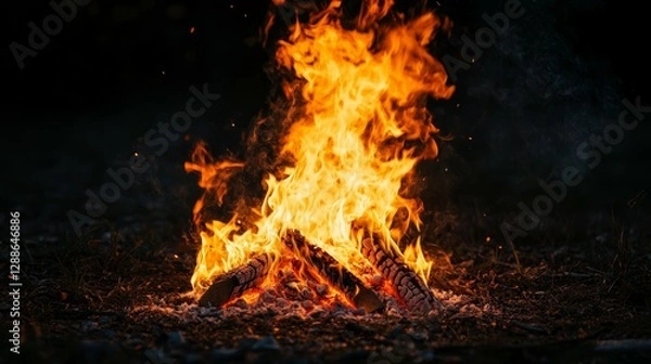 Fototapeta Bright Flames Erupting from a Campfire in a Dark Forest Setting