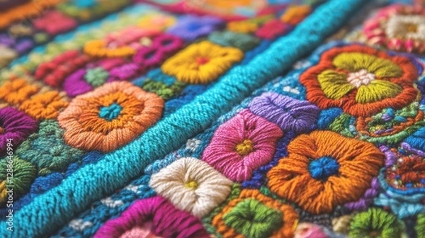 Fototapeta Knitted textiles embroidered with flowers