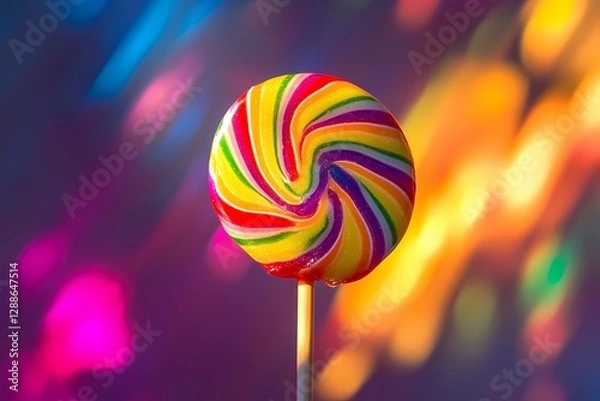 Fototapeta Hard candy lollipop with a multicolored swirl, bright sugar-coated details, fun and cheerful treat illustration for posters, stylized cartoon art