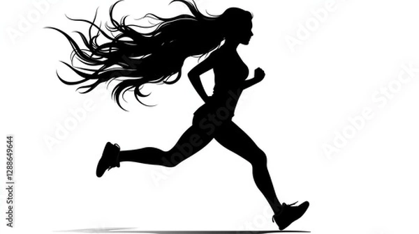 Fototapeta Running woman side view vector silhouette with isolated white
