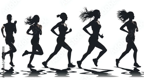 Fototapeta Running girls side view vector silhouette on a isloated  background 