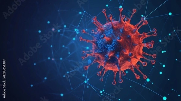 Fototapeta Digital representation of red virus particle against blue network background