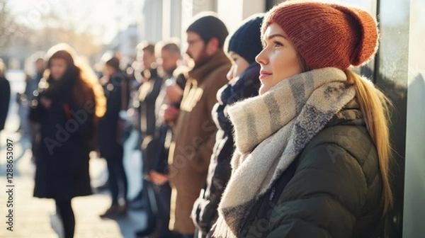 Fototapeta Unemployment line outside a public job office on a sunny winter day. Featuring resilience and determination
