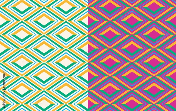Fototapeta Geometric chevron seamless pattern, set of 2, hipster 70s retro style, triangle shape decor, zigzag unique stripe line, green yellow colour palette. White or lilac background. Vector illustration