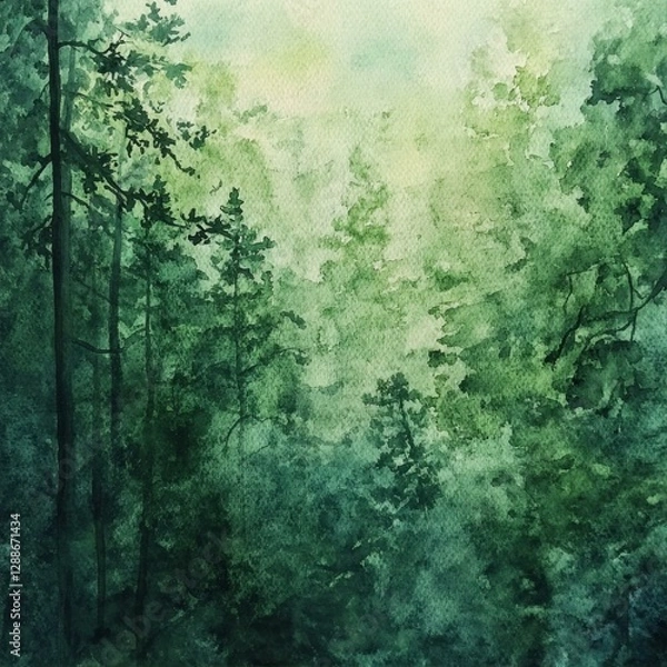 Fototapeta Watercolor Forest Landscape with Towering Trees and Misty Atmosphere in Deep Green Hues