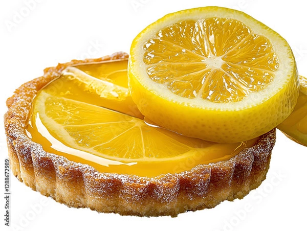 Fototapeta The image features a slice of lemon tart with a golden, flaky crust, smooth yellow curd filling, and a dusting of powdered sugar, accompanied by fresh lemons and green leaves.