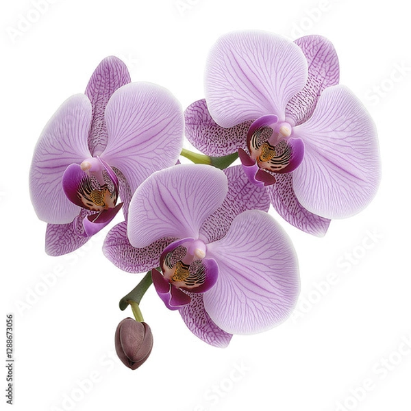 Fototapeta The image showcases a cluster of delicate purple orchids with intricate petal details and a single unopened bud, set against a black background.