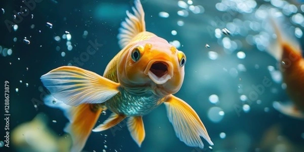 Fototapeta A vibrant goldfish swims amidst bubbles in a clear aquarium, showcasing its bright orange color and delicate fins.