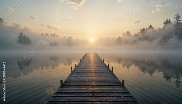 Fototapeta A serene image of a wooden dock extending into a calm lake shrouded in morning mist.