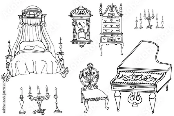 Fototapeta sketch of a set of furniture and antiques