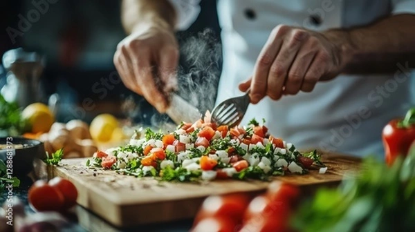 Fototapeta Local restaurant chef preparing signature dish, lively kitchen with fresh ingredients, reflecting passion and small business growth