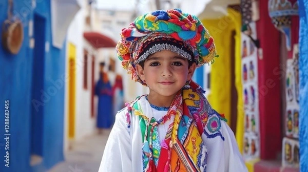 Fototapeta Smiling boy, colorful traditional clothing, vibrant alley, North Africa, tourism
