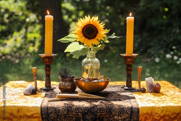 Fototapeta A symmetrical Litha altar set on a wooden table against a light-colored wall. Two golden candles stand on either side of a central bowl filled with vibrant summer fruits like strawberries and peaches.