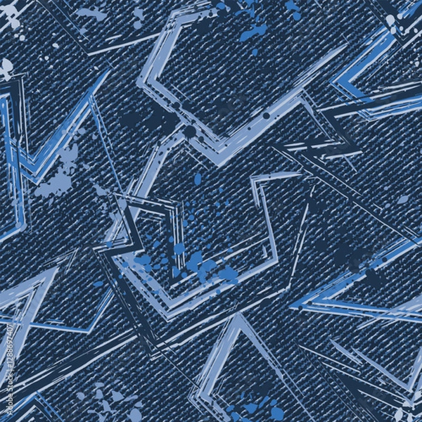 Fototapeta Abstract blue denim pattern with splattered paint, paint brush strokes, broken lines. Random chaotic composition. For apparel, fabric, textile, sport goods Grunge texture