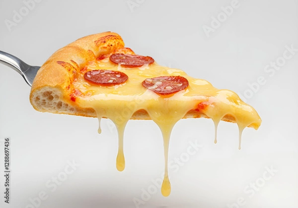 Fototapeta Delicious cheese dripping from a freshly baked slice of pizza, on a white background.