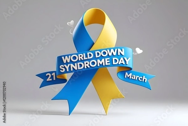 Fototapeta vibrant and professional 3D-rendered graphic design for World Down Syndrome Day, featuring a prominently detailed blue and yellow ribbon as the central visual element.