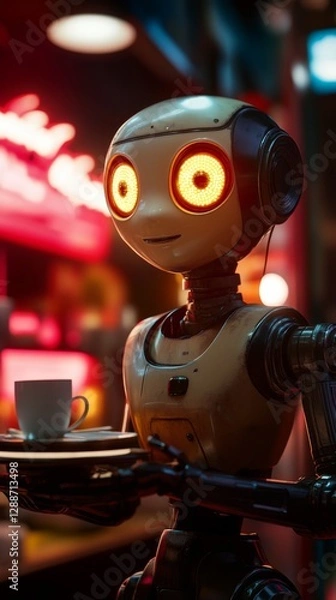Fototapeta A friendly robot serving coffee with glowing eyes. This AI creation reflects advanced technology and hospitality. Perfect for futuristic concepts. Generative AI