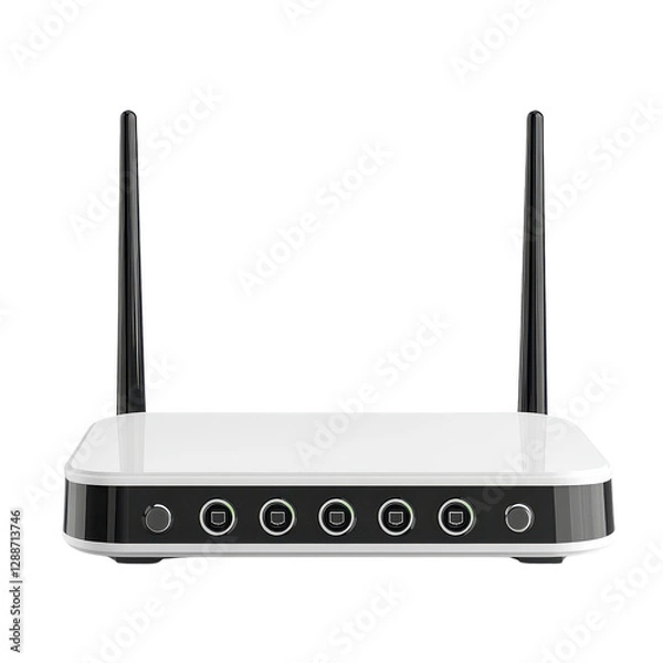 Fototapeta Modern wireless router, sleek white device with antennas, used for high-speed internet connection in home or office settings. Isolated on white background or PNG