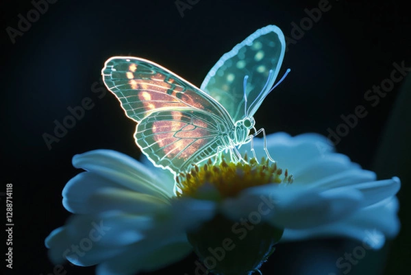 Fototapeta A luminous butterfly glows in the dark as it delicately feeds on a daisy, highlighting its iridescent wings in a captivating and serene natural scene.